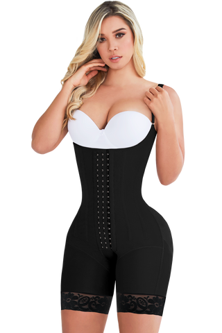 Front view of a woman modeling the Black Hourglass Body Shaper With Bones from Jackie London