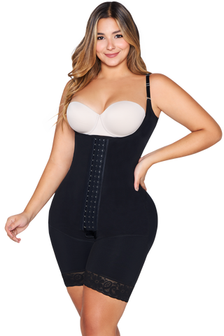 Front view of a woman modeling the Black Hourglass Body Shaper from Jackie London